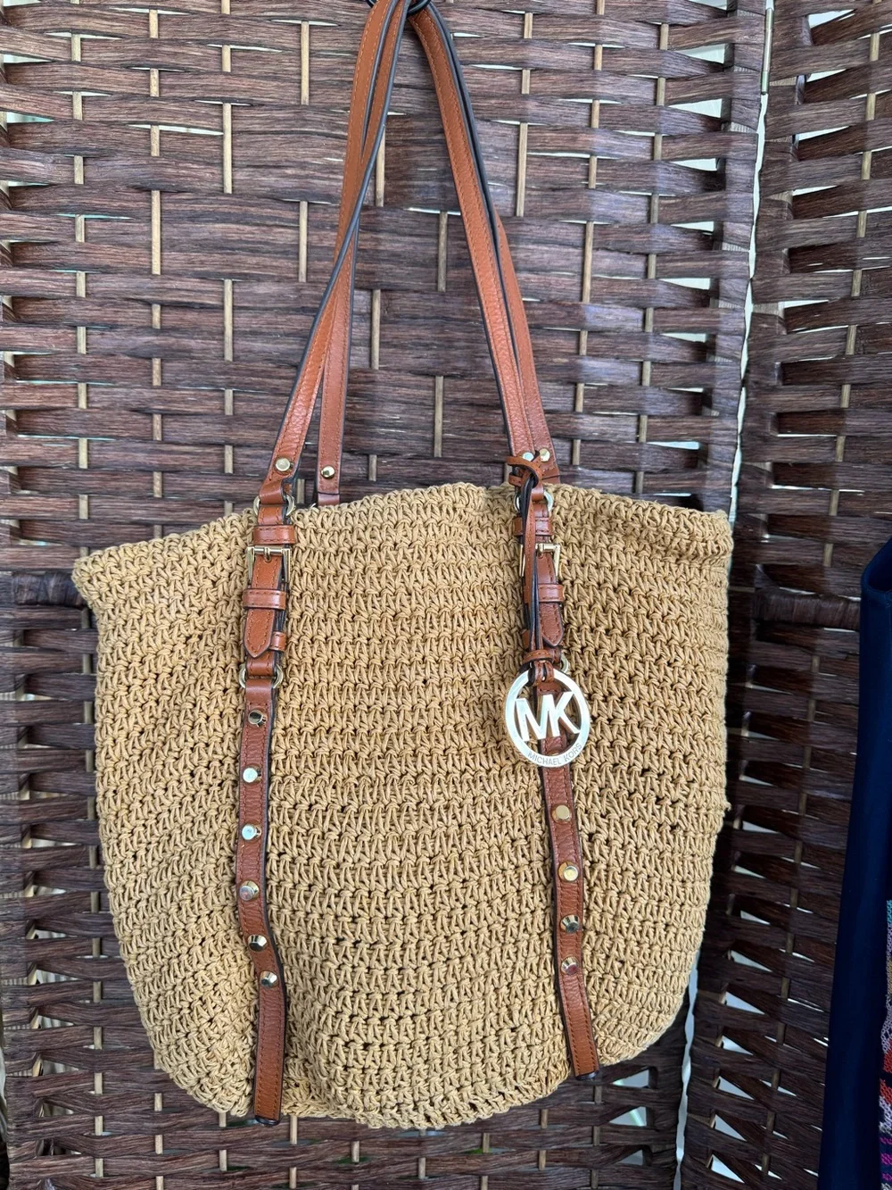 MICHAEL MICHAEL KORS Large Studded Straw Shopper Tote Bag